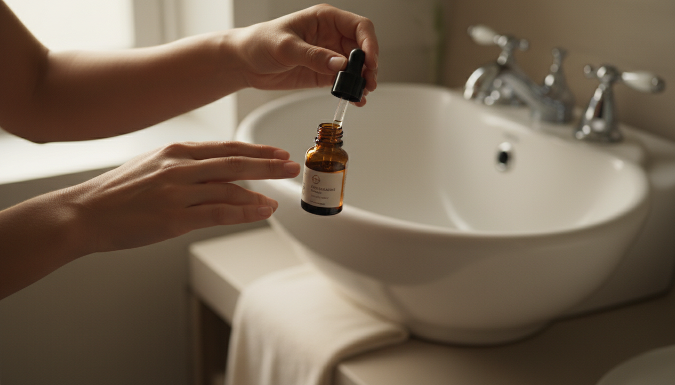 Eye-level view of a person applying a clear skin treatment to the forearm near a sink.