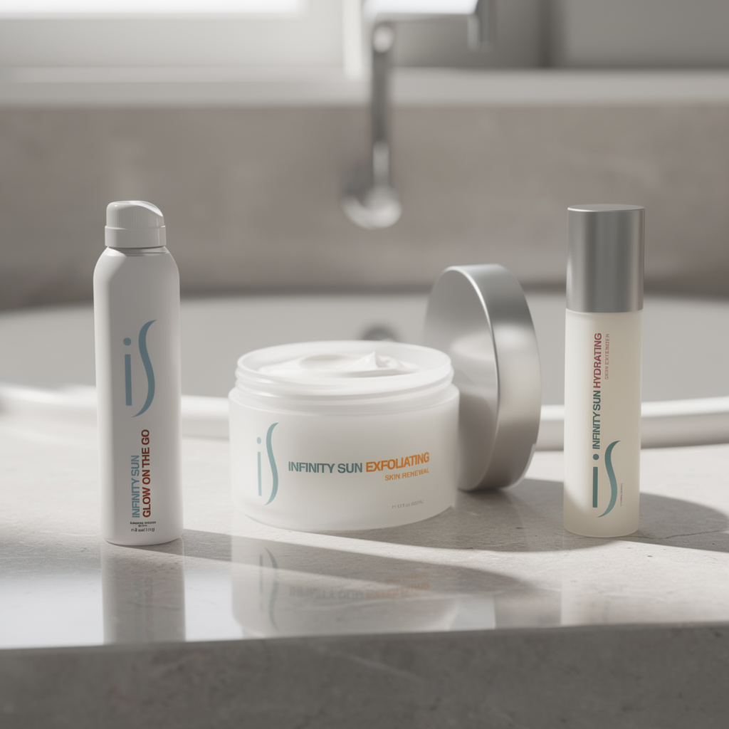 Infinity Sun Glow On The Go spray, Exfoliating Prep Scrub, Renew Me