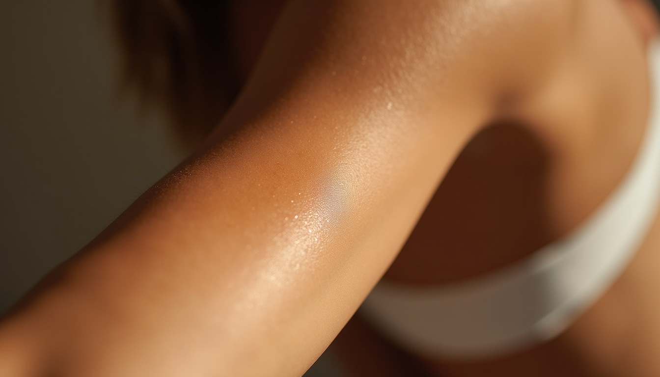 High angle view of a glowing tan on a client’s arm after spray tanning