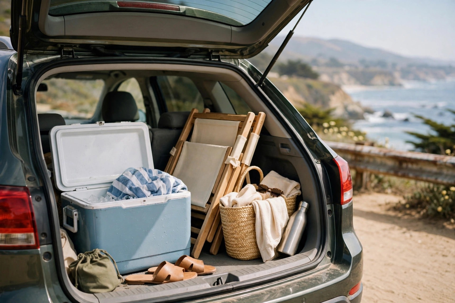 A cooler, folding chairs, sandals and a woven bag packed into the back of a car, with the coastline visible beyond the open trunk.