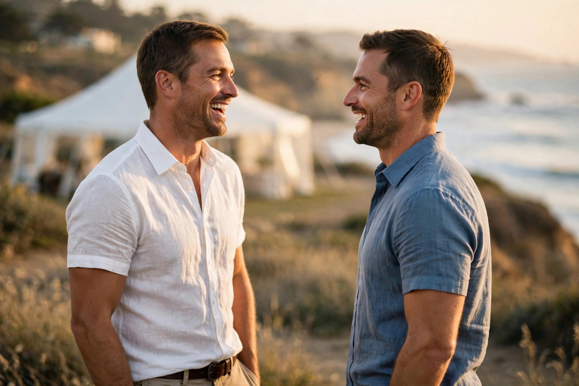 Two brothers laugh together on a coastal bluff at golden hour, a white wedding tent softly out of focus behind them.