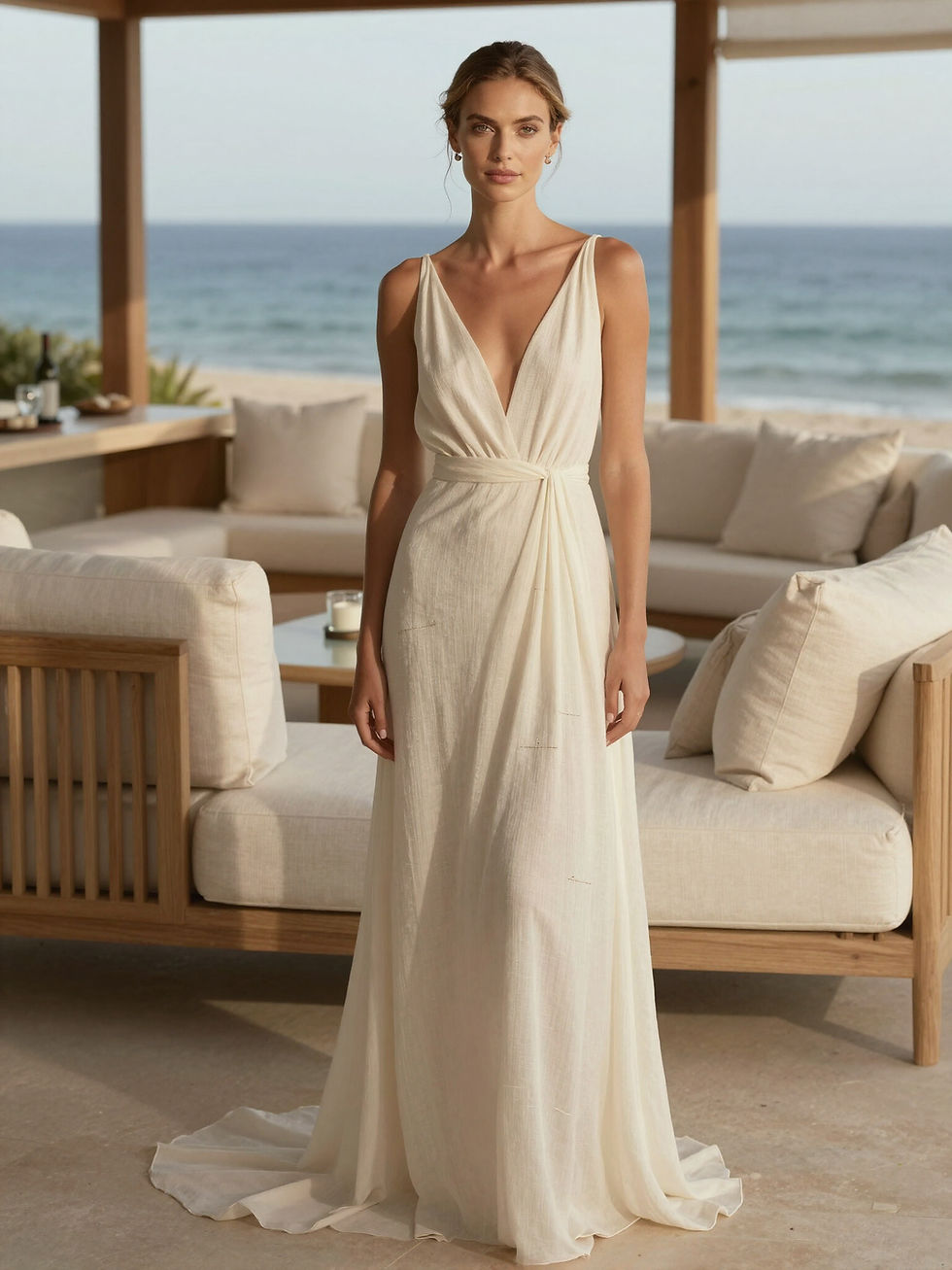 Woman in white dress on patio overlooking ocean