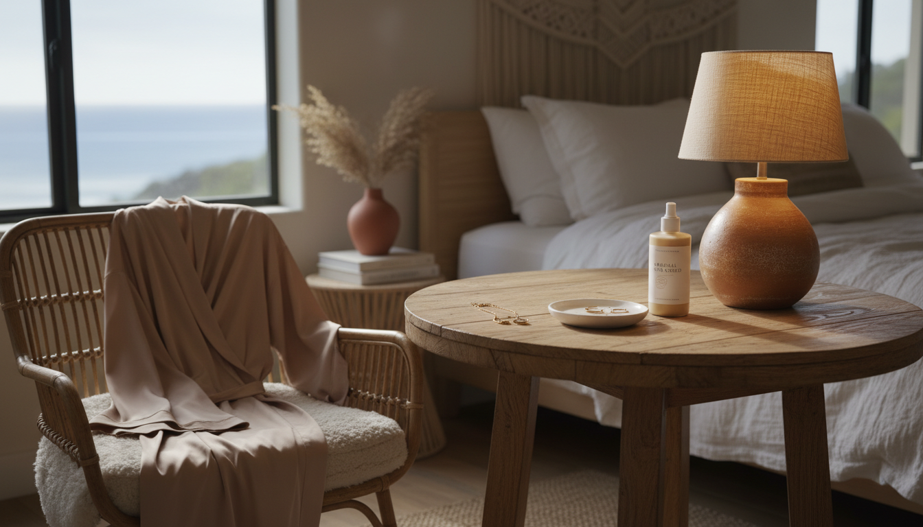Wide-angle view of a cozy vanity area with gradual tan lotion, a robe, and jewelry laid out for a date night.