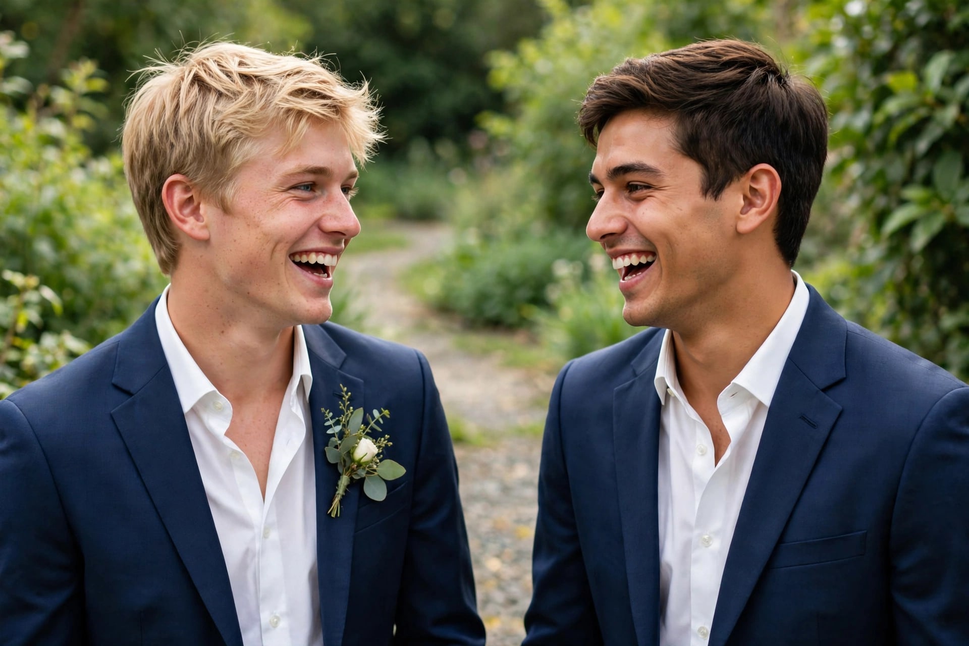 Two brothers in navy suits and open white collars laugh together on a garden path before the ceremony, a boutonniere on one lapel.