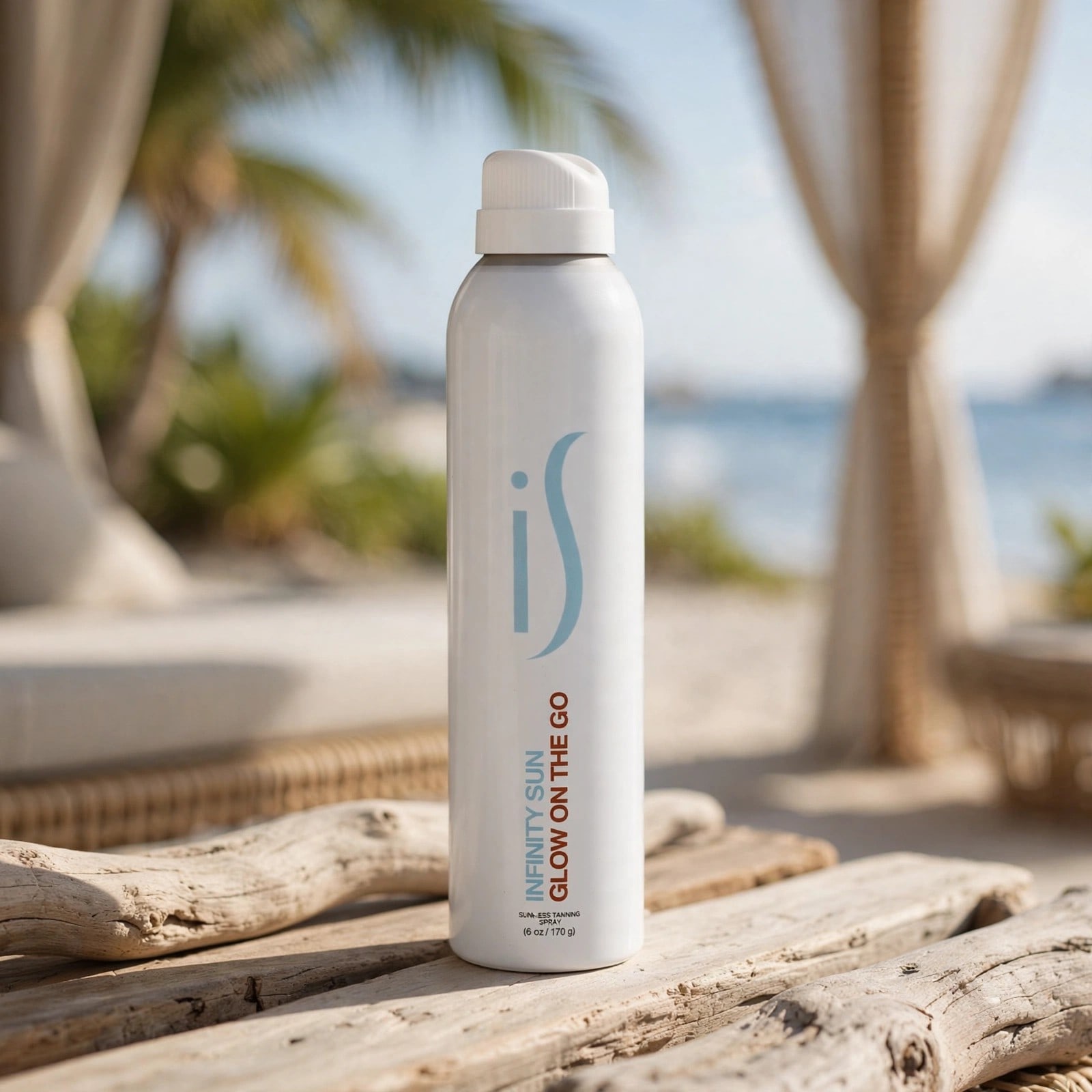 The Glow on the Go travel mist on a marble counter beside rolled white towels.