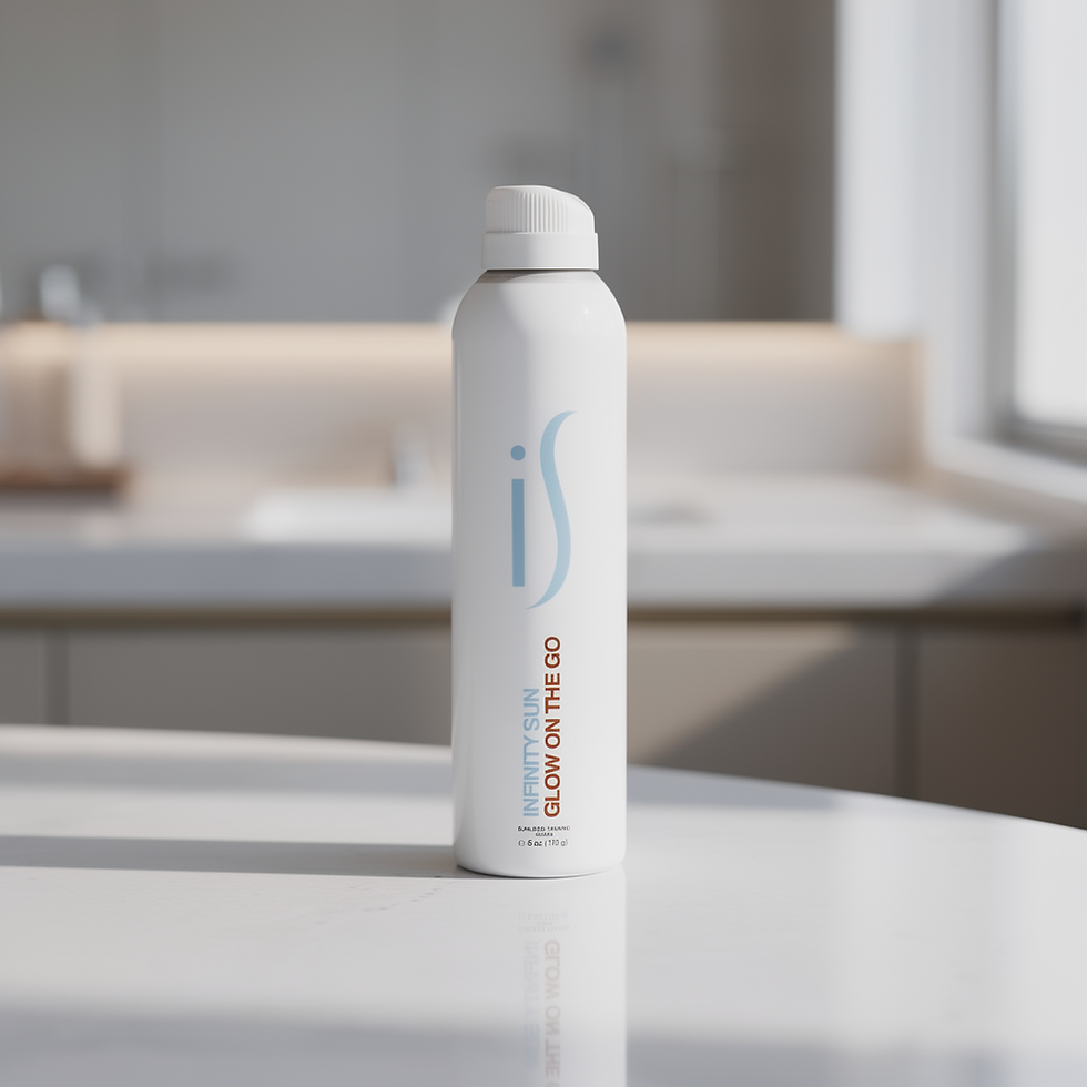 White Infinity Sun Glow On The Go spray bottle on counter