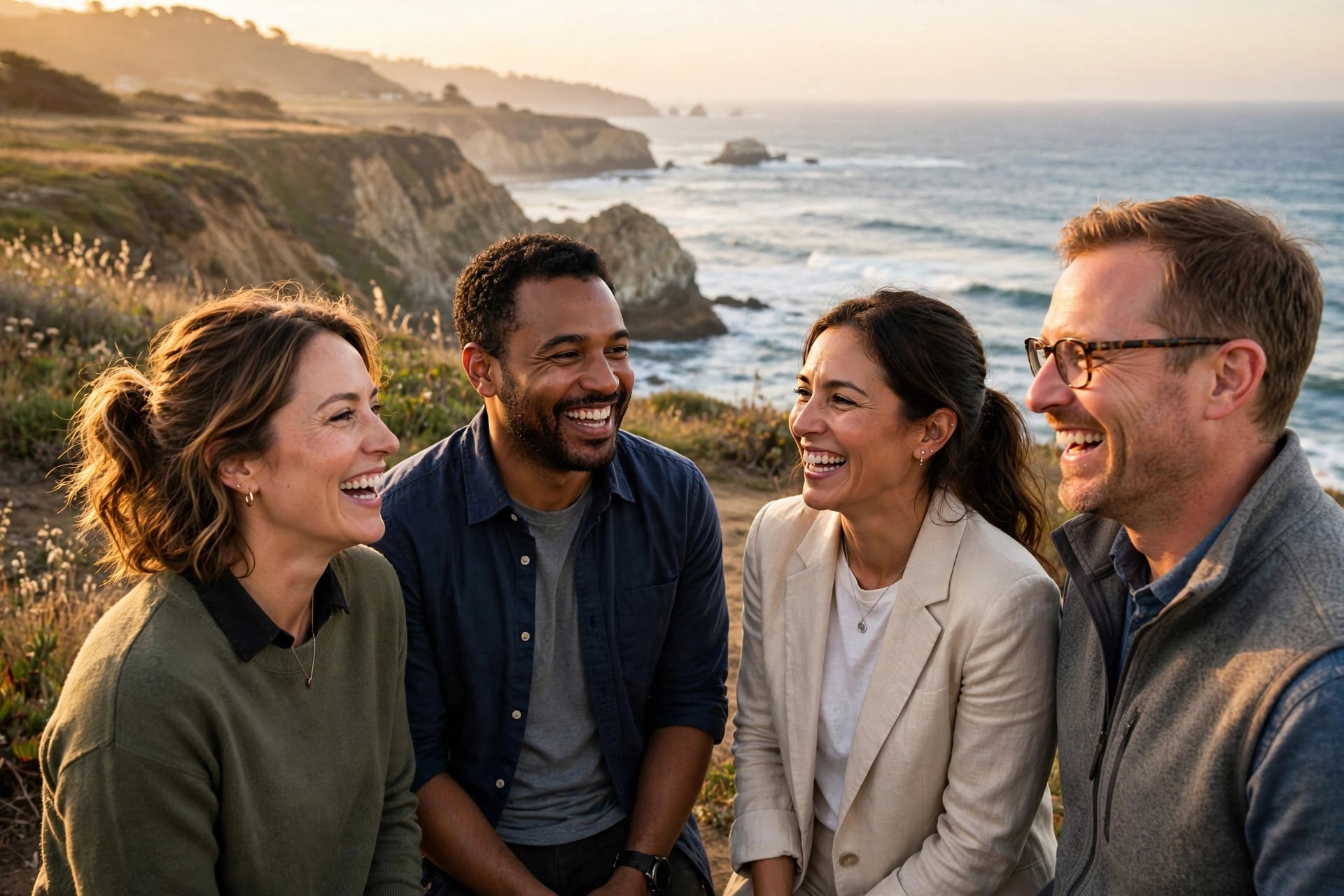 Four friends laugh together on a coastal bluff at golden hour.