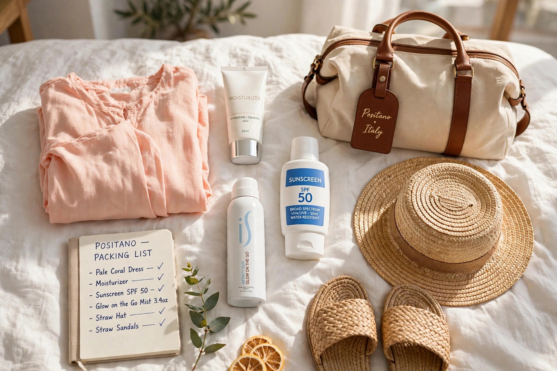 A packing flat lay: a coral dress, moisturizer, sunscreen, a mist, straw hats and sandals beside a handwritten Positano packing list.