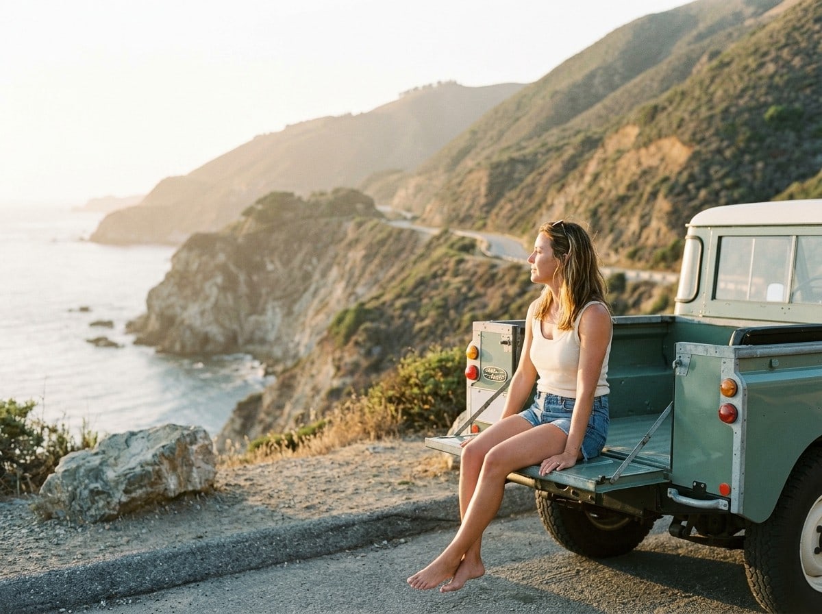 A woman sits on the open tailgate of a vintage truck, looking out at the cliffs and ocean along a coastal highway at golden hour.