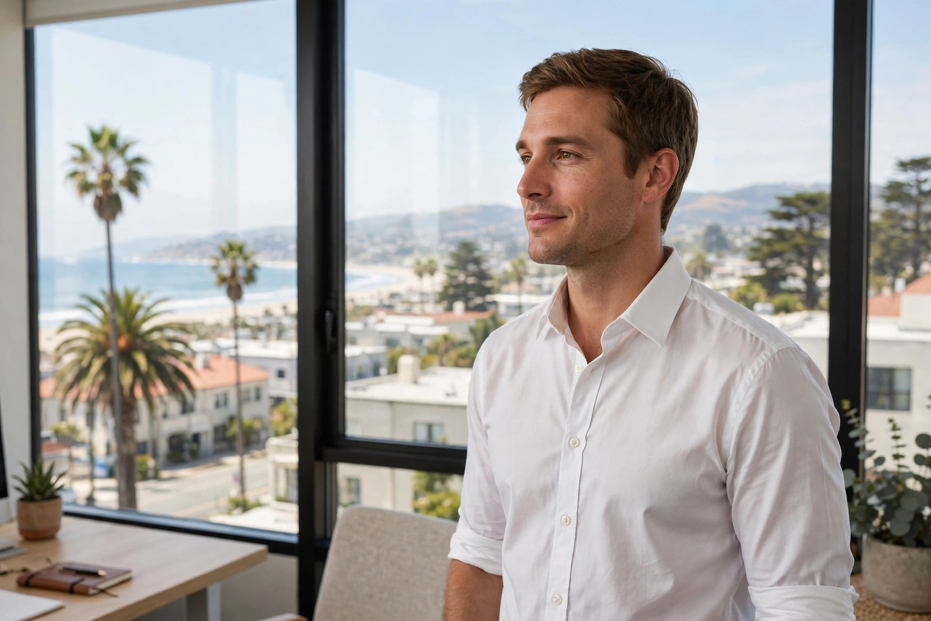 A man in a white shirt looks out of an office window toward the Santa Cruz coastline.