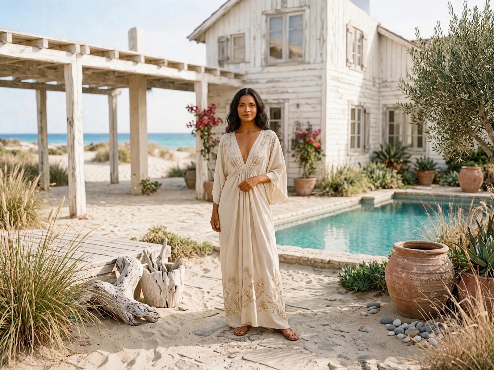 A woman in a flowing cream kaftan walks beside a pool framed by whitewashed arches and bougainvillea.