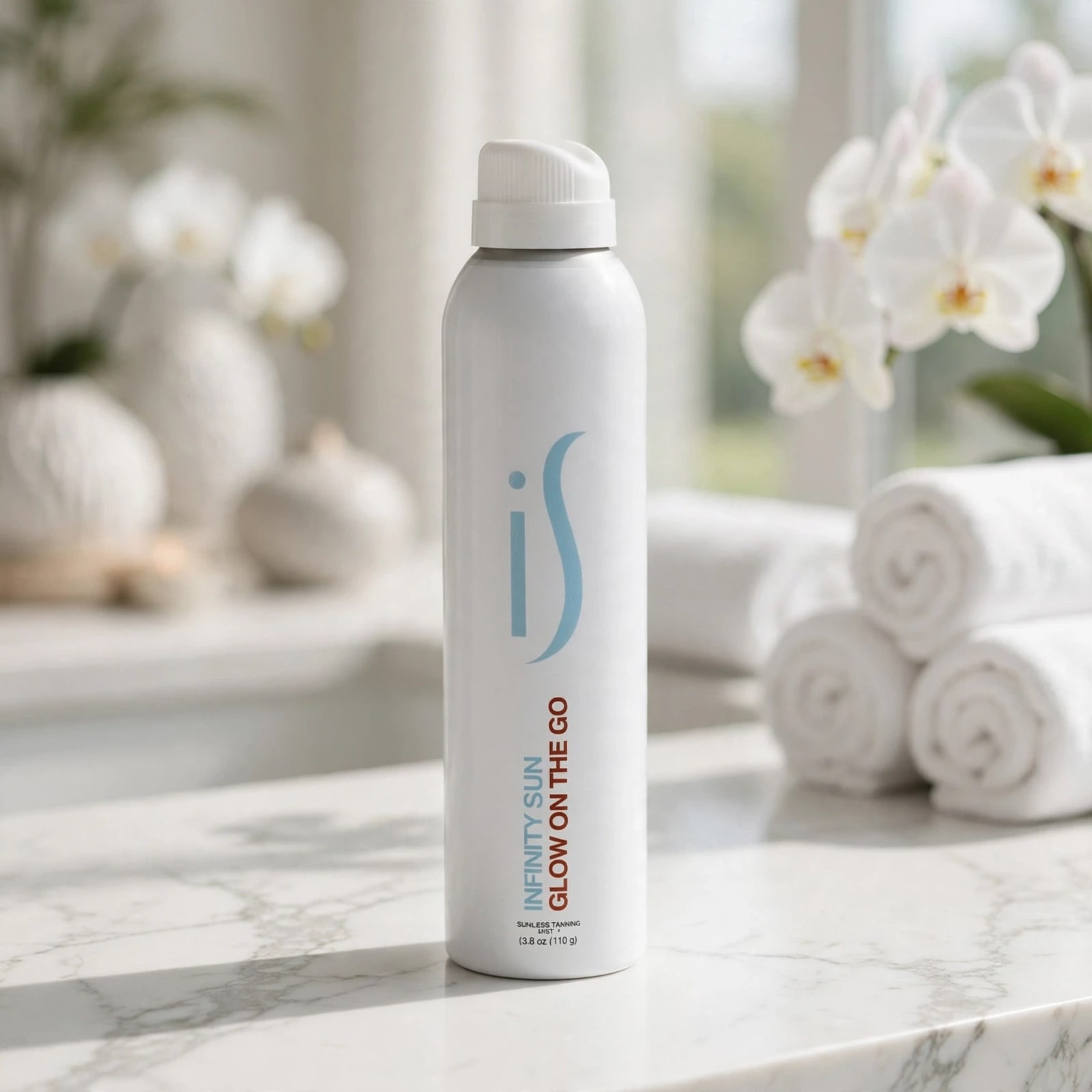 The 3.4 oz Glow on the Go mist on marble with towels and orchids