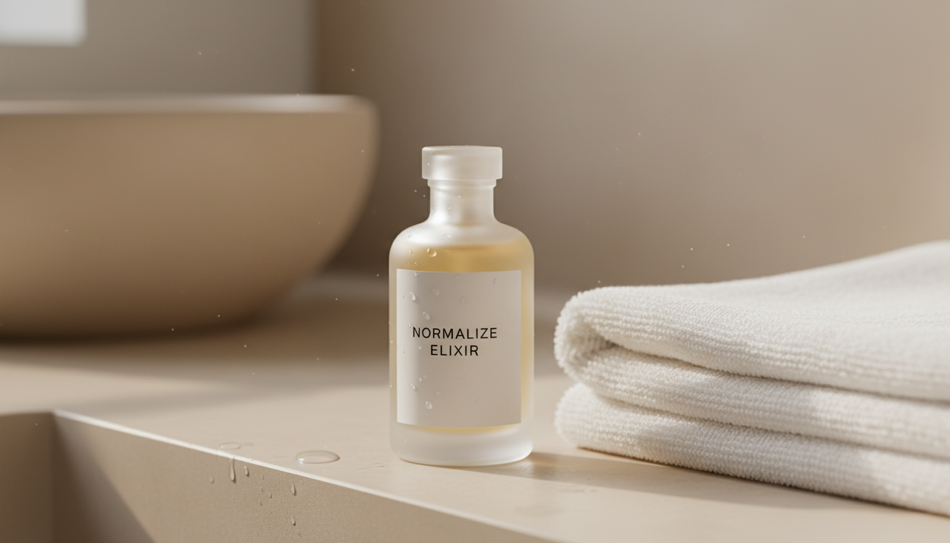 Close-up view of a simple treatment bottle beside a folded white towel and clean skin care tools.