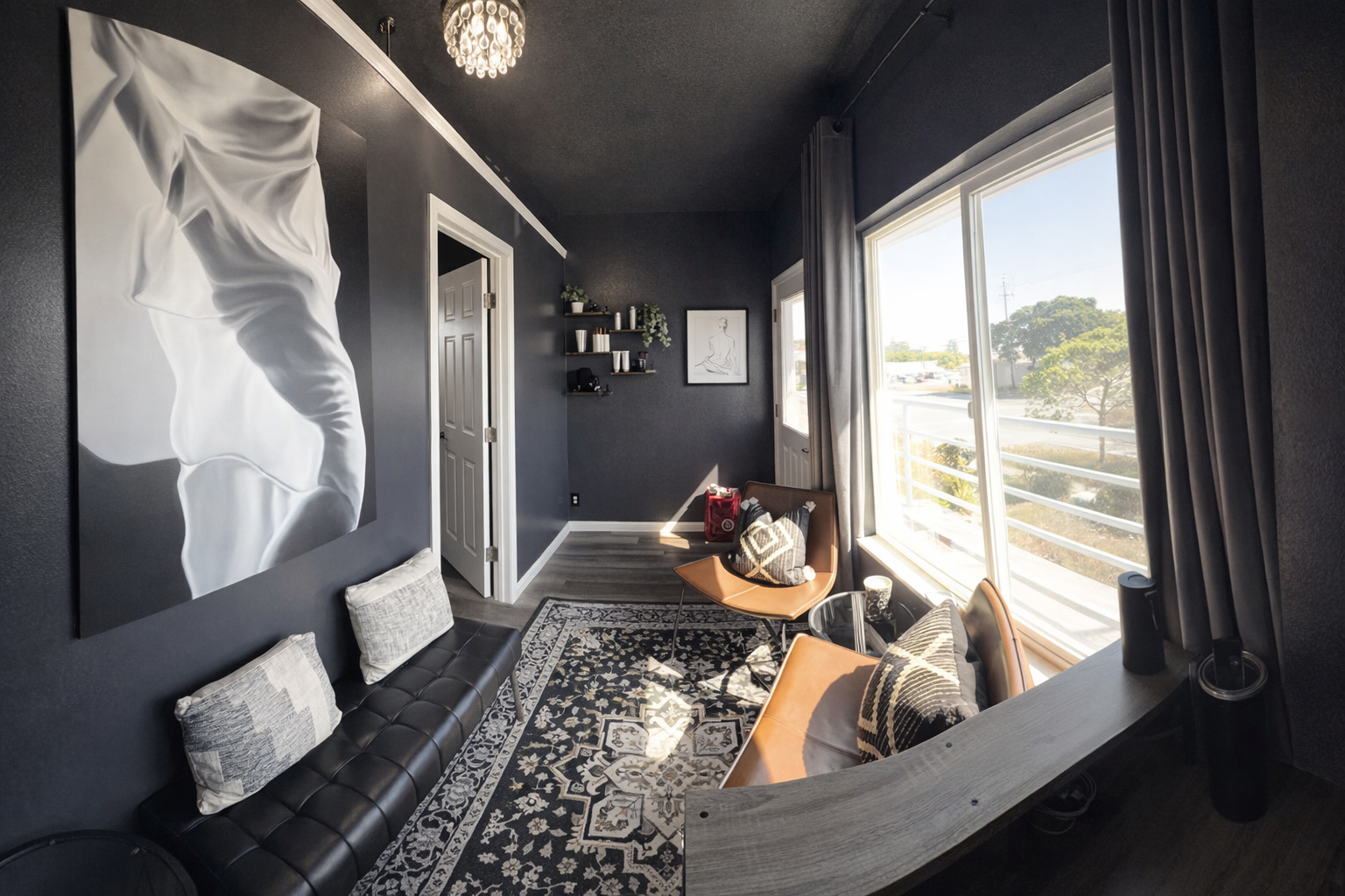 Eye-level view of a spray tanning booth with soft lighting in Santa Cruz salon