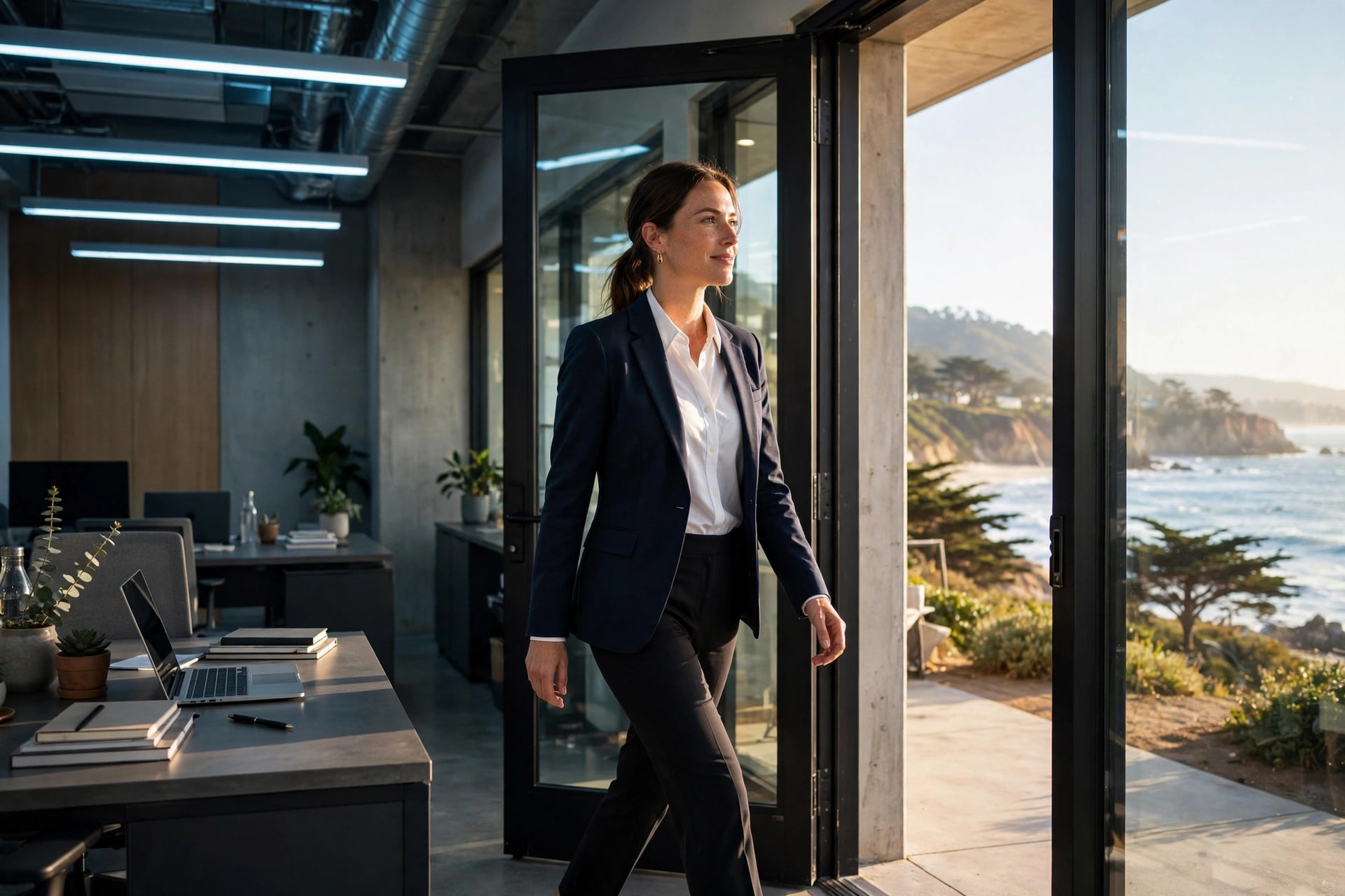 A woman in a navy blazer steps out of an office onto a sunny terrace.