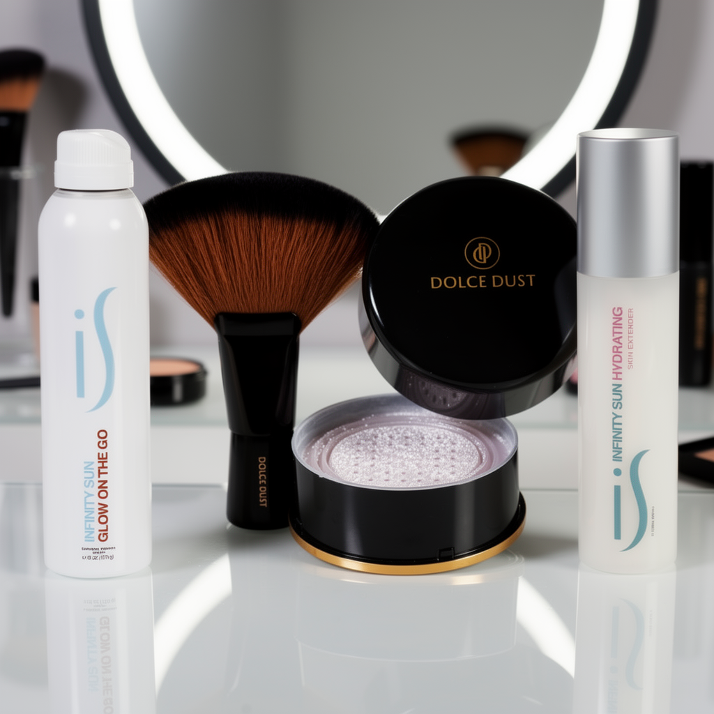 Dolce Dust compact, Infinity Sun spray, hydrating bottle, makeup brush