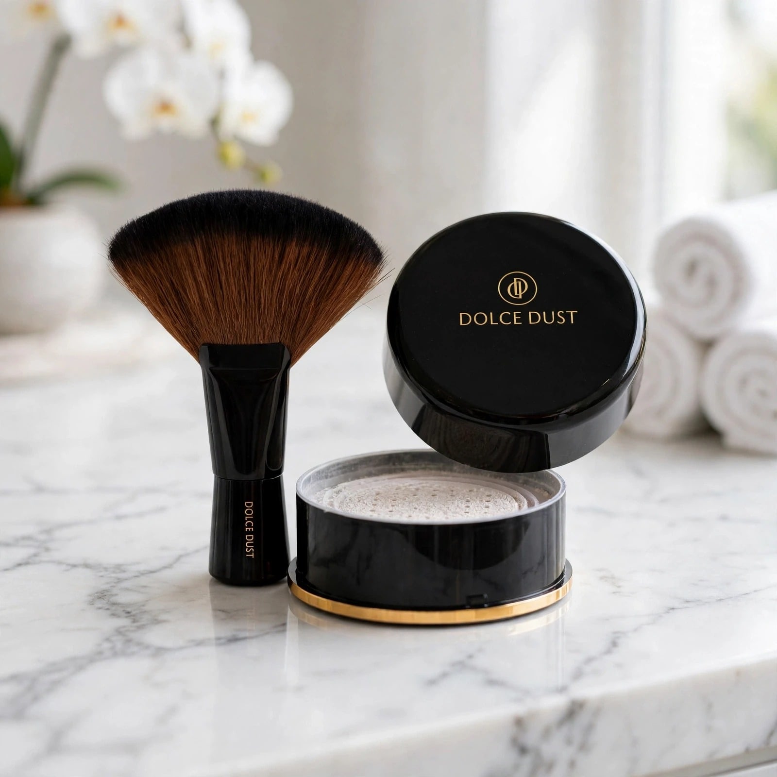 An open container of Dolce Dust finishing powder and its brush on a marble counter, beside white orchids and rolled towels.