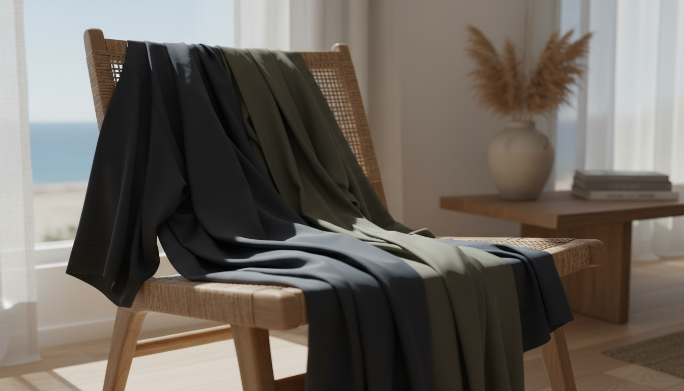 Close-up view of loose dark clothing laid out on a chair