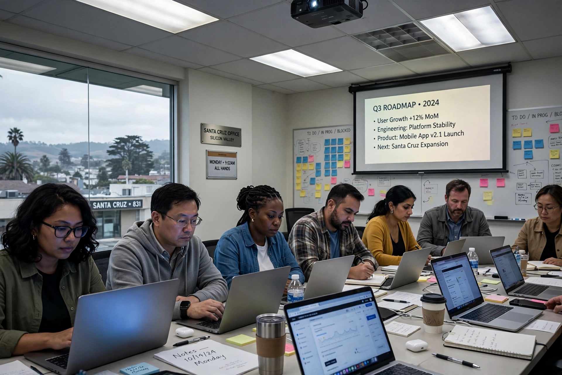 A team works at laptops in a conference room under bright overhead lights, a roadmap on the screen.