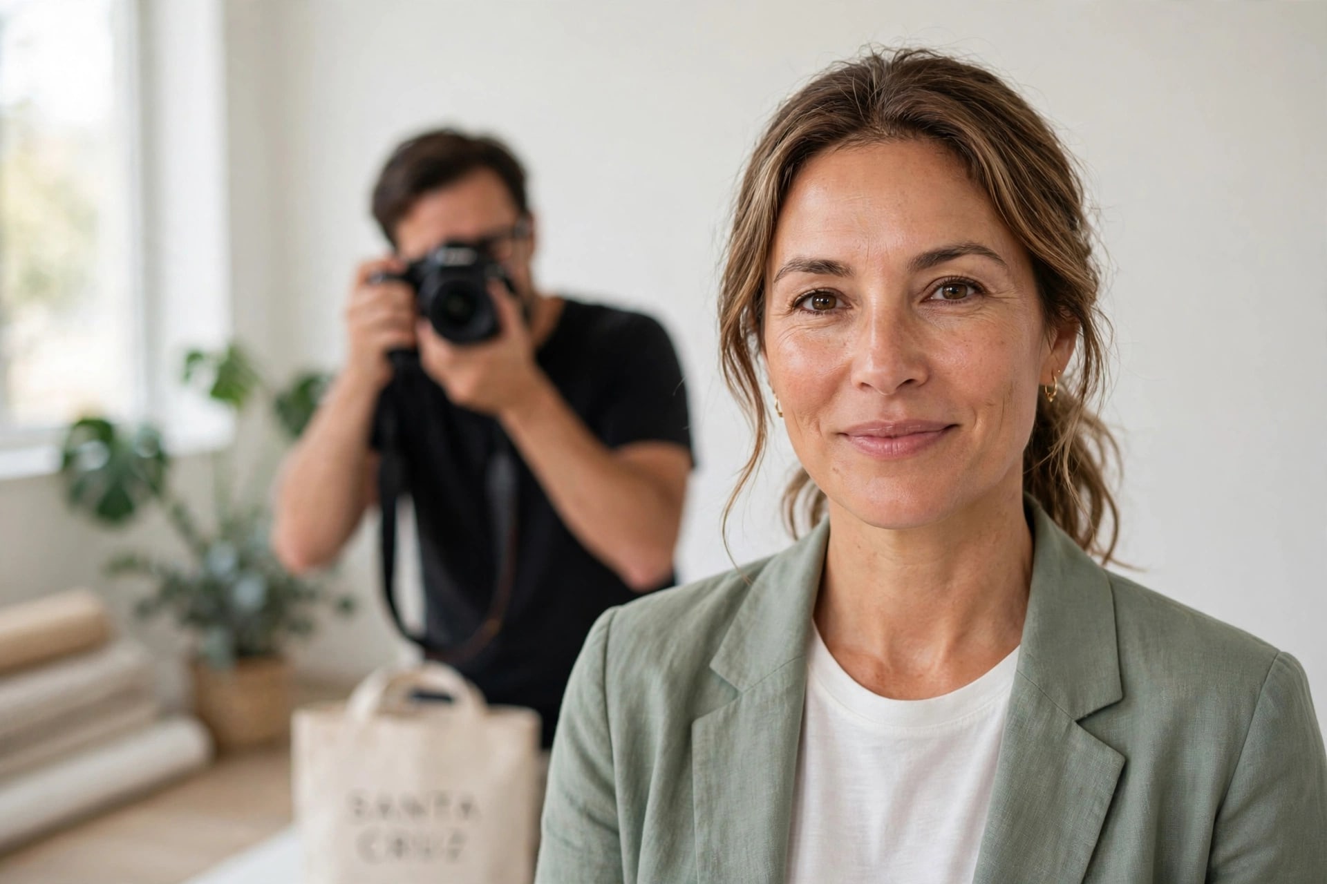 A woman in a sage blazer smiles while a photographer works behind her.