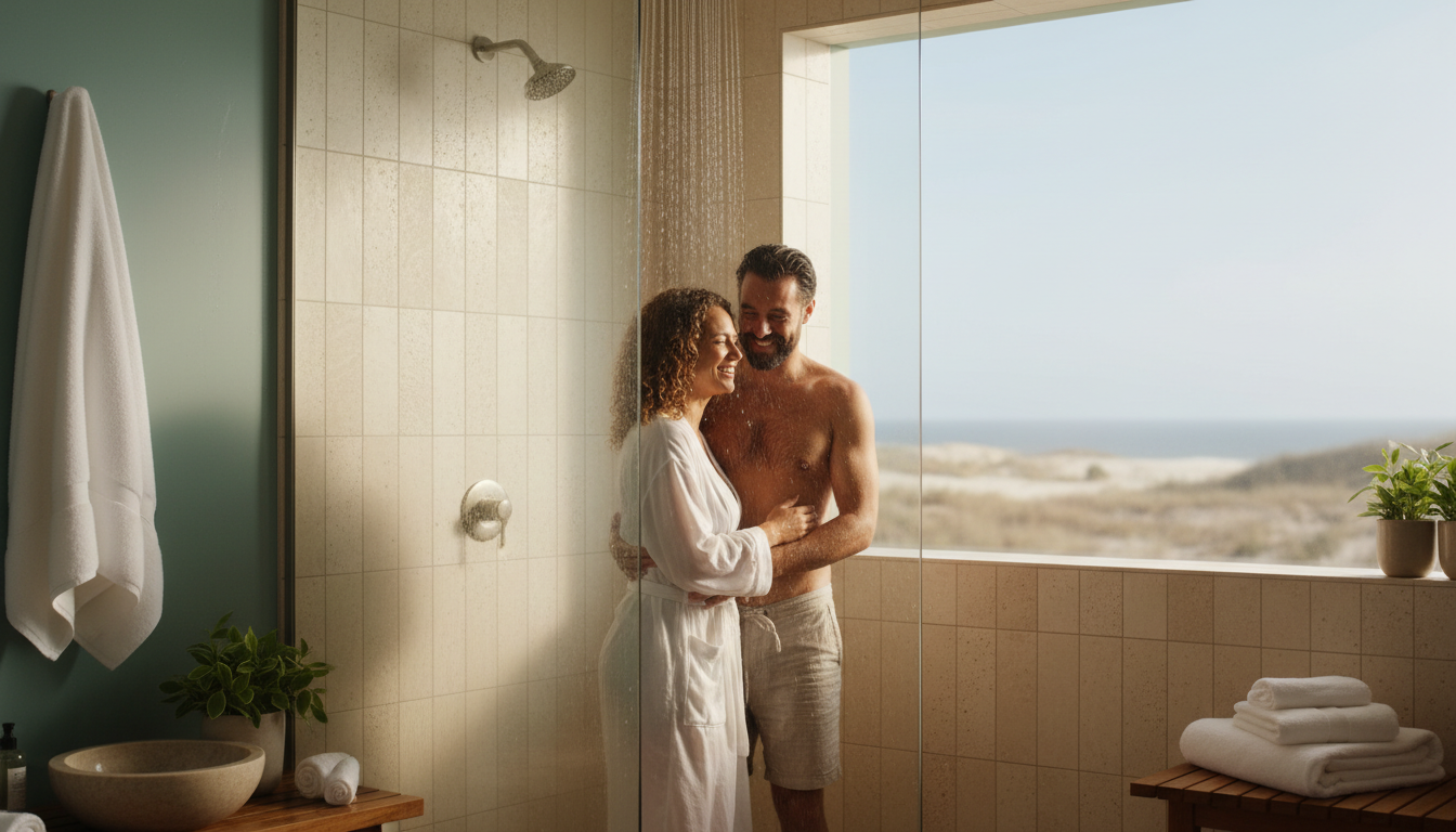 Eye-level view of a softly lit shower with warm water flowing