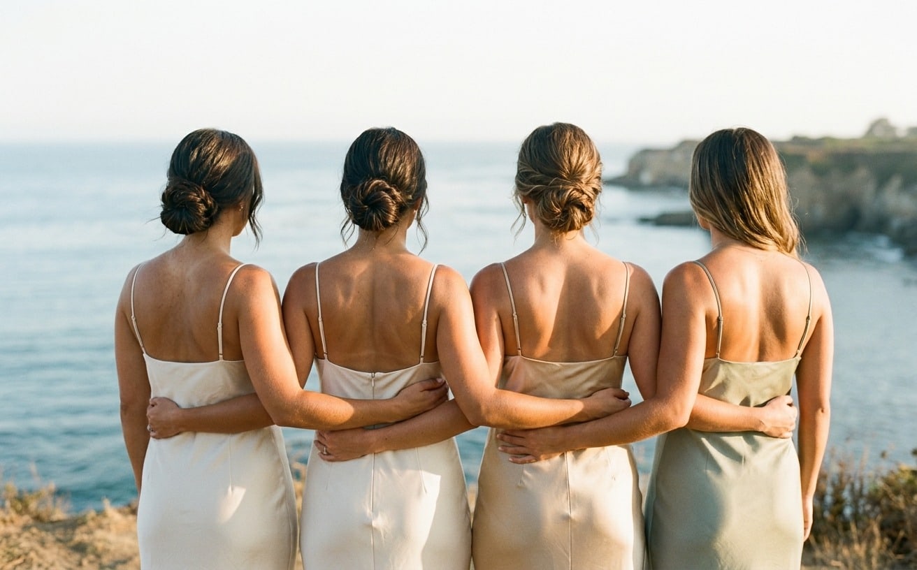 A group of women in flowing dresses stand arm in arm with their backs to the camera, looking out at the ocean from a coastal bluff in golden light.