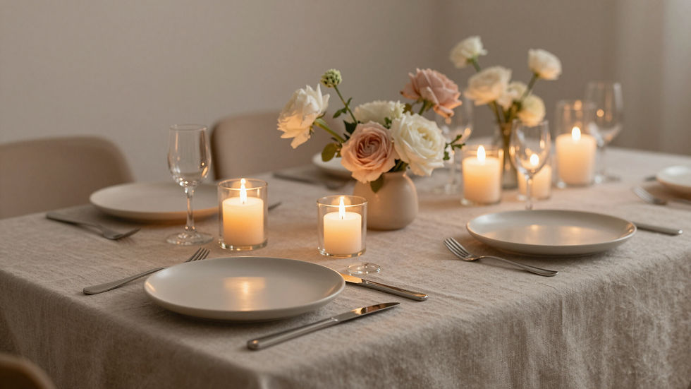 Elegant wedding table set with lit candles and roses