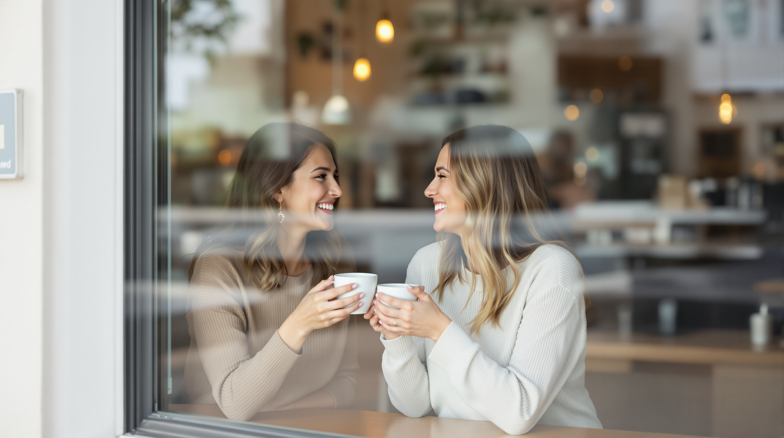 Women grabbing coffee in Santa Cruz with a subtle, natural glow