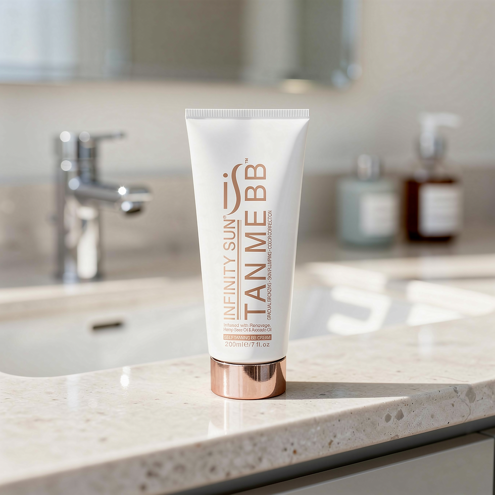 Infinity Sun Tan Me BB tube with rose gold cap on counter