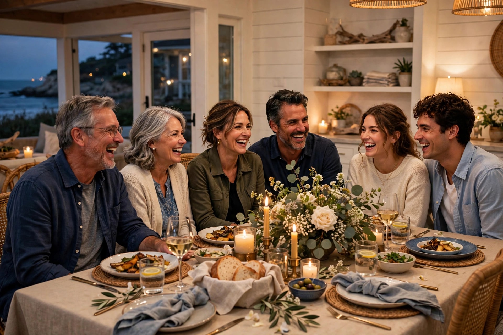 A family gathers around a set dining table the evening before a wedding, laughing together over a simple meal among candles and flowers.