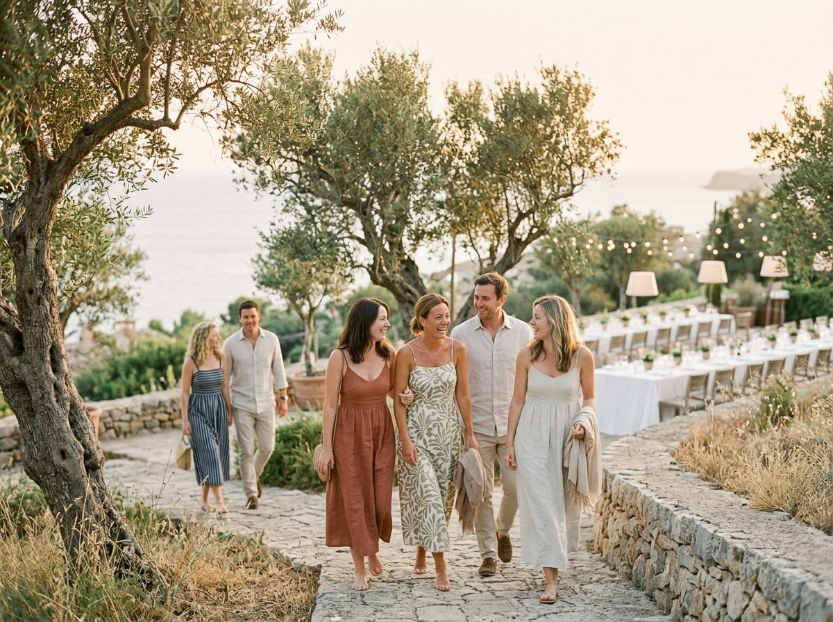 A group of friends in flowing dresses walk together down a stone path toward the coast at sunset.