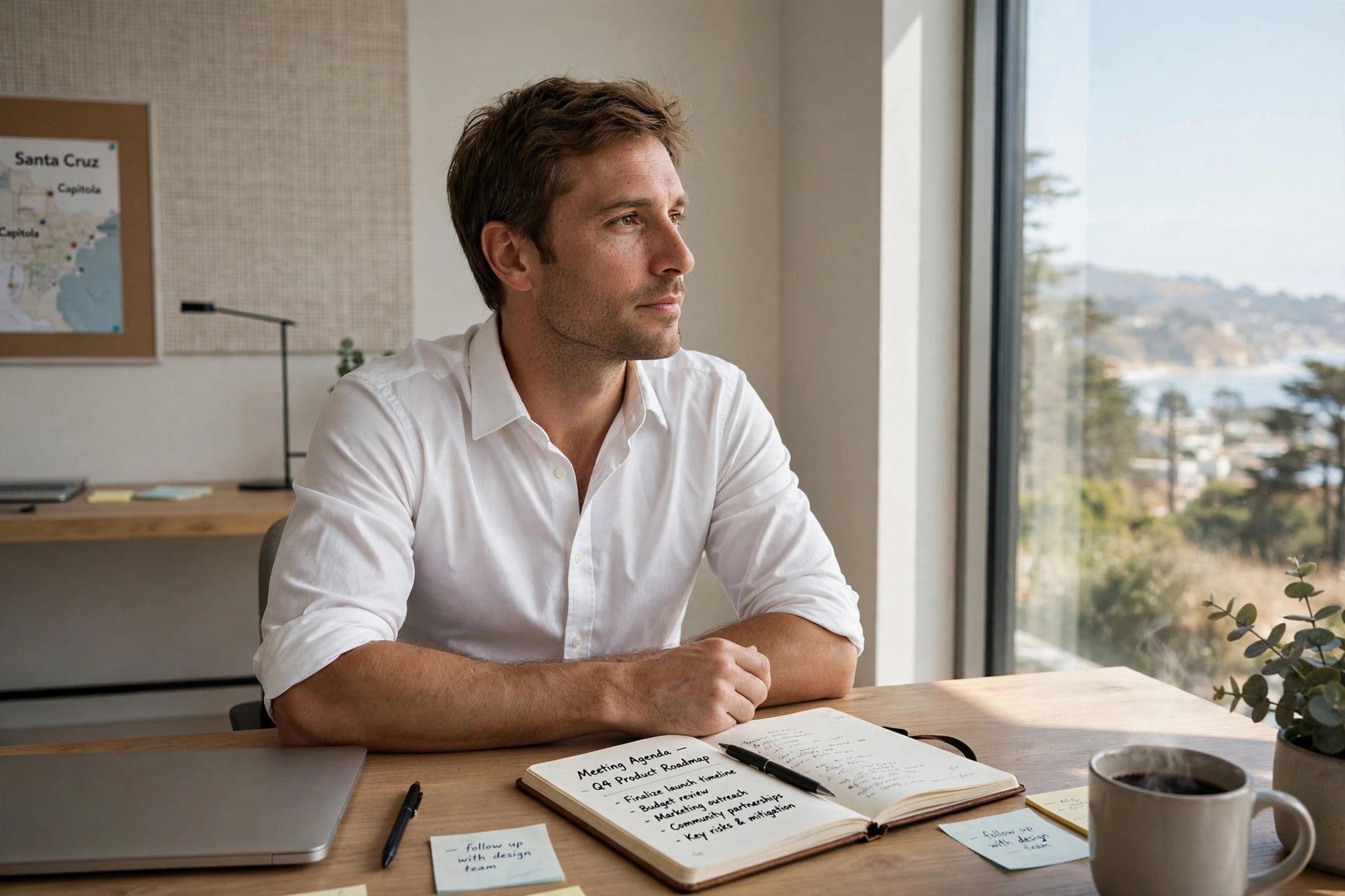 A man in a white shirt sits at a desk with a notebook, looking out of a bright window.