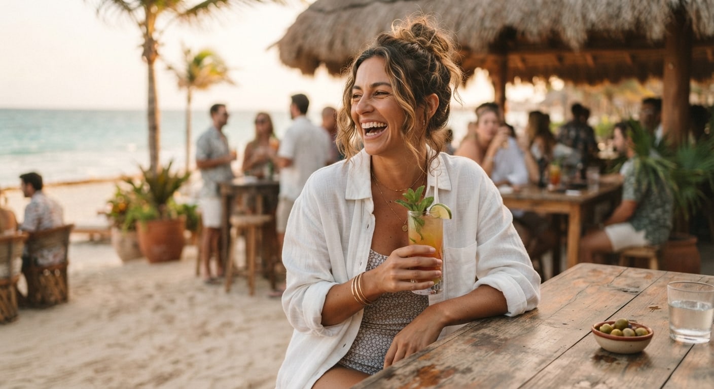 A woman in a white linen shirt laughing at a beach bar, a cold drink in hand and the sea behind her