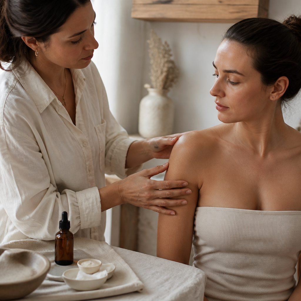 A client talking through her tan with the technician before the appointment