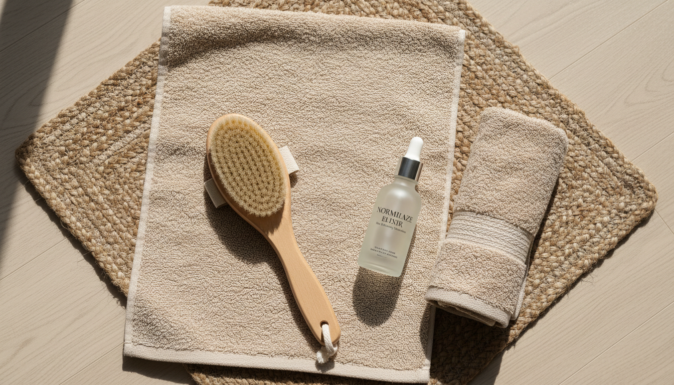 Overhead view of clean towels, a soft body brush, and a skin treatment bottle arranged on a bath mat.