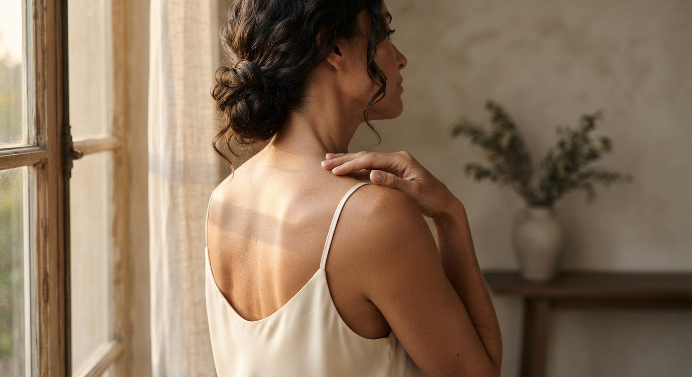 Bare shoulders and back of a woman with soft, even spray tan color