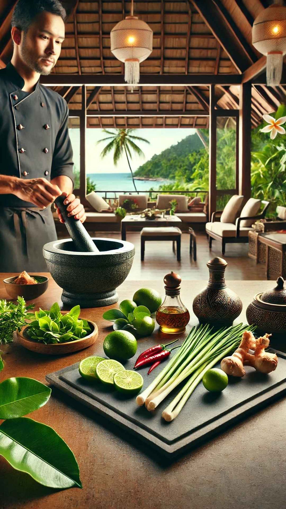 Kochkurs in Koh Samui: Zubereitung thailändischer Kräuter und Gewürze im Mörser, frische Zutaten auf dem Tisch, tropischer Ausblick.