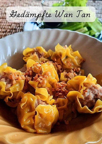 A plate of Thai steamed wontons (Khanom Jeep) with golden wheat wrappers, stuffed with a juicy pork and shrimp filling, and sprinkled with crispy fried garlic.Hausgemachte gedämpfte Wan Tan, gefüllt mit Schweinefleisch und Garnelen, serviert mit Dip.