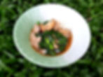 Rice noodle soup with porc and kale