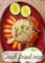 Authentic Thai crab fried rice, ข้าวผัดปู, made with fresh crab meat, carrot and jasmine rice, served with cucumber, tomato and lime.