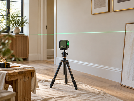 Editorial illustration of a green line laser level on a tripod for a home project