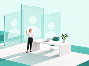 Illustration of a woman beside a desk and identity panels, accompanying IDGateway’s introduction to Carly Taylor.