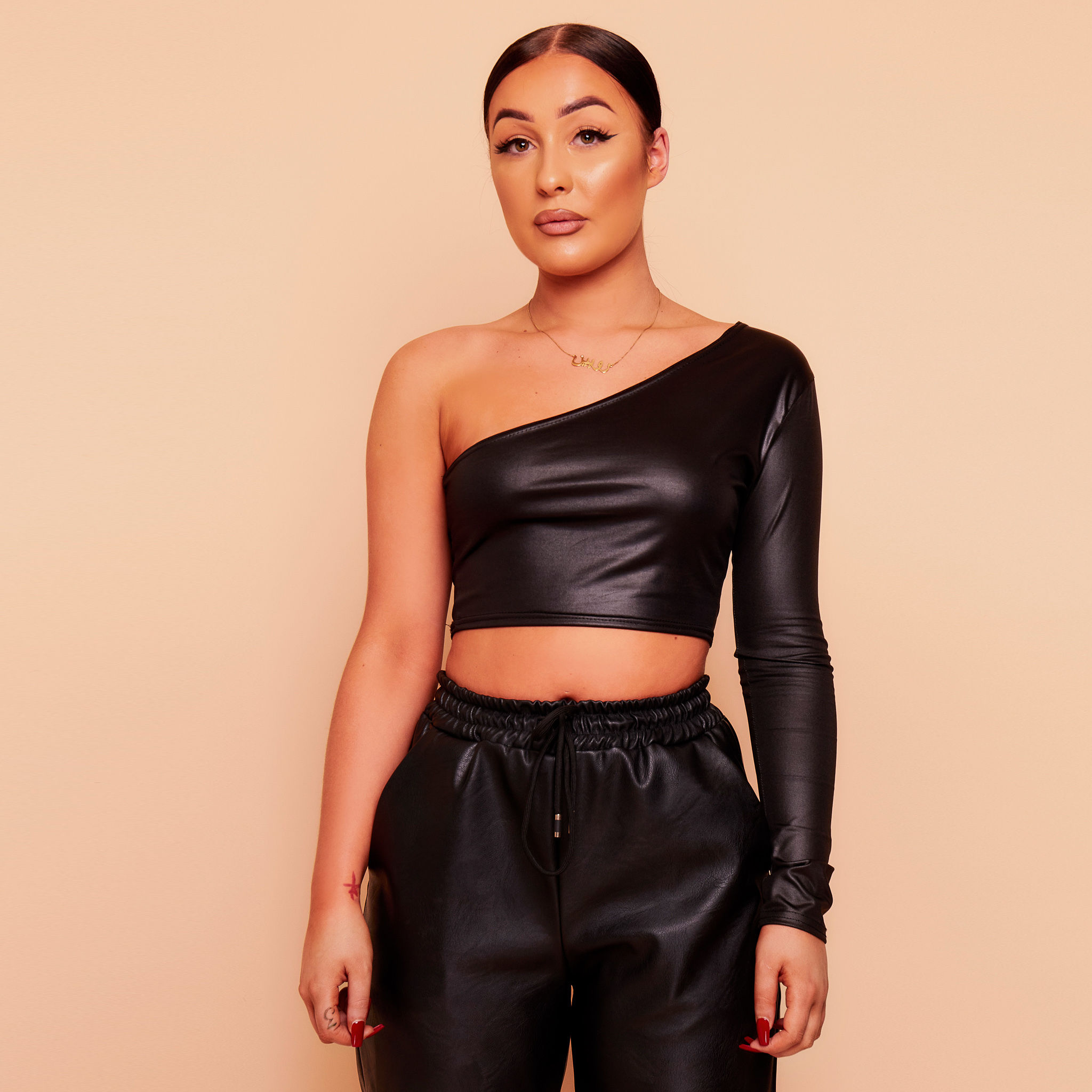 Wet Look One Shoulder Long Sleeve Crop Top