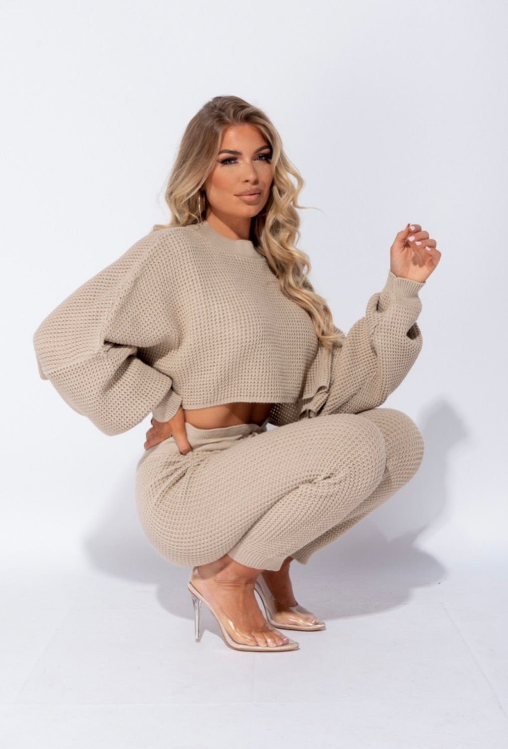 Waffle Knit Batwing Lounge Set - Beige