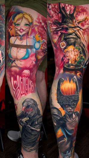 Full sleeve Zelda and Link tattoo