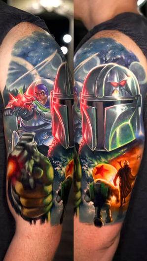 Half sleeve Mandalorian and Buzz Lightyear mash-up tattoo