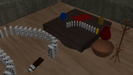 A 3D animation simulating real-time interaction between computer-generated 3D domino stacks and other objects as they are aligned and toppled over in a sequence.