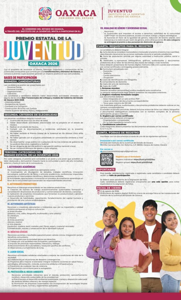 Presenta Gobierno de Oaxaca convocatoria para el Premio Estatal de la Juventud 2026