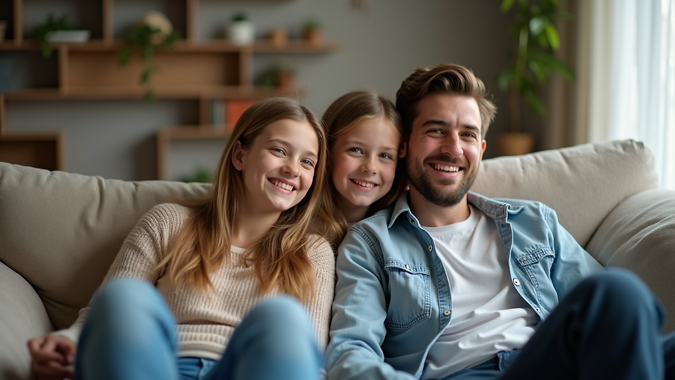 Eye-level view of a cozy family sitting together on a couch