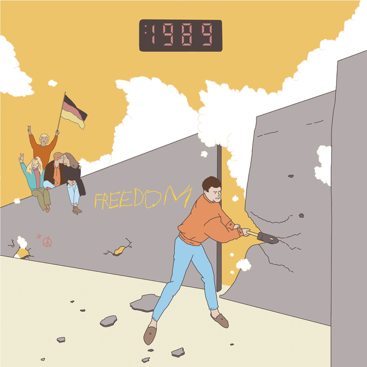 A digital illustration by Eden Spivak of the fall of the Berlin Wall.